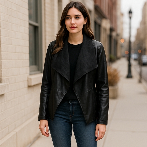NWT Bagatelle Collection Black Faux Leather Waterfall Jacket (Size 1X) - Picture 1 of 10